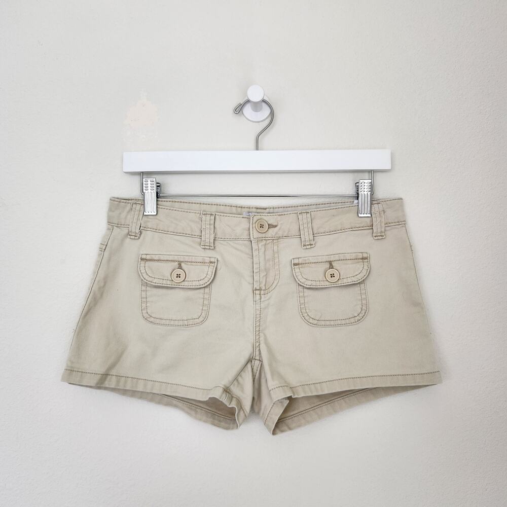 Y2K 2000s Low Rise Khaki Micro Mini Shorts Flap Button Pockets L.E.I. XS